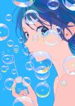  1girl bare_shoulders blue_hair bubble_blowing green_eyes short_hair simple_background u_m_mm 
