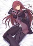  1girl ass blush breasts brown_hair closed_mouth eyebrows_visible_through_hair fate/grand_order fate_(series) highres large_breasts long_hair looking_at_viewer lying on_side red_eyes scathach_(fate/grand_order) shukurimu solo 