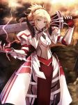  1girl armor bangs blonde_hair breastplate clarent clouds cloudy_sky eyebrows_visible_through_hair fate/apocrypha fate_(series) faulds gauntlets green_eyes grin hair_ornament hair_scrunchie highres holding holding_sword holding_weapon light_rays lightning loincloth long_hair looking_at_viewer orange_sky outdoors over_shoulder pauldrons planted_sword planted_weapon ponytail red_scrunchie saber_of_red scrunchie shiguru sky smile solo standing sunlight sword sword_over_shoulder weapon weapon_over_shoulder 