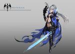  1girl absurdres armor black_legwear breasts cleavage closed_mouth eyebrows_visible_through_hair highres holding holding_sword holding_weapon kirbyheimi large_breasts long_hair looking_at_viewer navel original pixiv_fantasia_revenge_of_the_darkness ponytail silver_hair solo sword thigh-highs violet_eyes weapon 