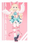  1girl angel_wings black_boots blonde_hair blue_eyes blue_nails blush boots bow eyebrows_visible_through_hair full_body green_eyes hair_bow looking_at_viewer multicolored multicolored_eyes nail_polish navel original parted_lips pink_bow pink_ribbon rachel_bouvier ribbon solo wings 