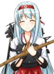  1girl closed hachimaki hands_on_own_chest headband japanese_clothes kantai_collection long_hair machinery muneate shoukaku_(kantai_collection) silver_hair smile solo toko_(tenerezza666) upper_body very_long_hair yumi_(bow) 