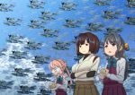  &gt;:) 3girls ahoge alternate_hair_color black_hair blue_sky brown_eyes brown_hair clouds cloudy_sky commentary_request crossed_arms double_bun e16a_zuiun food glasses grey_eyes hyuuga_(kantai_collection) kantai_collection long_hair looking_up m6a_seiran makigumo_(kantai_collection) misumi_(niku-kyu) multiple_girls naganami_(kantai_collection) onigiri open_mouth pink_hair pleated_skirt school_uniform seaplane short_hair skirt sky sleeves_past_wrists twintails wavy_mouth 