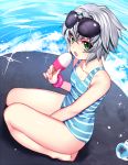  1girl assassin_of_black bracelet breasts cleavage collarbone eyebrows_visible_through_hair fate_(series) food gendo0032 green_eyes jewelry looking_at_viewer medium_breasts parted_lips popsicle seiza short_hair silver_hair sitting solo sparkle sunglasses sunglasses_on_head water_drop 
