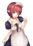  1girl breasts cleavage collarbone eyebrows_visible_through_hair green_eyes hand_on_hip large_breasts looking_at_viewer maid maid_headdress ohnaka0515 original parted_lips pointy_ears puffy_short_sleeves puffy_sleeves redhead short_hair short_sleeves smile solo 