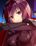  1girl between_breasts bodysuit breasts fate/grand_order fate_(series) long_hair looking_at_viewer murakami_yuichi purple_hair red_eyes scathach_(fate/grand_order) shoulder_pads smile solo 