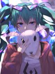  1girl blue_eyes blue_hair eyebrows_visible_through_hair glasses_on_head hatsune_miku highres holding holding_mask jname long_hair long_sleeves looking_at_viewer mask solo suna_no_wakusei_(vocaloid) twintails upper_body vocaloid 