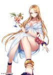  1girl blonde_hair blue_eyes copyright_name cup flower food fruit gauntlets interitio official_art sid_story sitting solo swimsuit 