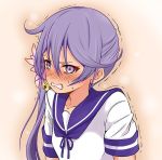  1girl akebono_(kantai_collection) bell blush clenched_teeth commentary_request flower hair_bell hair_between_eyes hair_flower hair_ornament kantai_collection purple_hair sailor_collar sailor_shirt shino_(ponjiyuusu) shirt short_sleeves side_ponytail solo sweat teeth trembling upper_body violet_eyes 