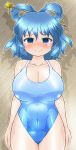  1girl arms_at_sides bangs blue_hair blush breasts cleavage cowboy_shot embarrassed hair_ornament hair_stick impossible_clothes impossible_swimsuit kaku_seiga large_breasts looking_at_viewer navel nose_blush one-piece_swimsuit shadow shiny shiny_clothes shiny_hair shiny_skin short_hair smile solo swimsuit taut_clothes taut_swimsuit tearing_up thighs touhou wavy_mouth winn 