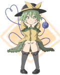  1girl arm_support bangs black_hat black_legwear black_shoes bow chin_rest closed_mouth full_body green_eyes green_hair green_skirt hat hat_bow heart heart_of_string highres inuno_rakugaki kneehighs knees_together_feet_apart komeiji_koishi loafers long_sleeves looking_at_viewer pigeon-toed shirt shoes short_hair sitting skirt smile solo touhou wide_sleeves yellow_bow yellow_shirt 