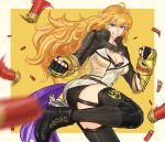  1girl arm_cannon blonde_hair boots breasts clenched_hands combat_boots drill_(emilio) ember_celica_(rwby) fingerless_gloves garter_straps gloves grin gun jewelry knee_pads long_hair medium_breasts pendant rwby shell_casing shotgun smile solo thigh-highs very_long_hair violet_eyes weapon yang_xiao_long 