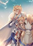  2girls absurdres ahoge armor artoria_pendragon_lancer_(fate/grand_order) bangs blonde_hair breastplate cape crown eyebrows_visible_through_hair fate/apocrypha fate/grand_order fate_(series) fur_collar fur_trim gauntlets greaves green_eyes highres holding_reins horse horseback_riding mother_and_daughter multiple_girls outdoors pauldrons reins riding saber saber_of_red sidelocks sky white_cape yorukun younger 