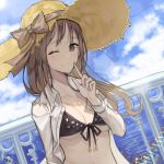  1girl artist_name blush bow breasts brown_bow brown_eyes brown_hair brown_ribbon cleavage closed_mouth collarbone eyebrows_visible_through_hair hat hat_bow hat_ribbon highres hwayoung idolmaster idolmaster_cinderella_girls large_breasts looking_at_viewer mifune_miyu one_eye_closed ribbon smile solo upper_body 