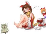  &gt;_&lt; ... 2girls benikurage blush boots_removed bow brown_eyes brown_hair brown_scarf cat closed_eyes closed_mouth cookie_(touhou) detached_sleeves feet hair_bow hair_tubes hakurei_reimu horns ibuki_suika legs_crossed legwear_removed long_hair looking_at_another miura_cat multiple_girls orange_hair pai_kebon_baa red_bow short_hair sitting thought_bubble touhou 