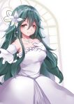  1girl alternate_costume aqua_eyes bare_shoulders blush breasts bridal_veil collarbone cowboy_shot dress elbow_gloves flower gloves green_hair hair_ornament hairclip hand_on_own_chest highres jewelry kantai_collection lily_(flower) long_hair looking_at_viewer medium_breasts necklace nonkomu_(furiten5553) off-shoulder_dress off_shoulder reaching_out see-through smile solo strapless strapless_dress veil wedding_dress white_dress white_gloves yamakaze_(kantai_collection) 
