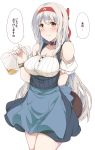  1girl alcohol alternate_costume apron beer beer_mug blue_apron blush breasts brown_eyes choker collarbone dirndl german_clothes headband highres kantai_collection large_breasts long_hair shoukaku_(kantai_collection) simple_background solo speech_bubble suisen_toire_(moko924) translation_request white_background white_hair 