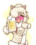  alpaca_ears alpaca_suri_(kemono_friends) animal_ears beer_mug blonde_hair blush fur_collar fur_trim hair_over_one_eye kemono_friends long_sleeves open_mouth seki_(red_shine) short_hair smile solo 