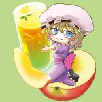  apple apple_slice blonde_hair blue_eyes bow chamaji chibi commentary_request cup dress drinking_glass food frills fruit glass hat highres holding holding_cup looking_at_viewer maribel_hearn mob_cap seiza shoes short_hair short_sleeves simple_background sitting smile touhou 