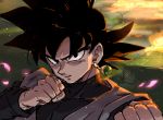  1boy black_eyes black_hair clenched_hands dougi dragon_ball dragon_ball_super earrings fire gokuu_black green_background jewelry lightning looking_at_viewer petals ring short_hair simple_background solo_focus sparks spiky_hair tkgsize 