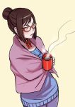  1girl brown_eyes brown_hair choker coffee coffee_mug commentary genka_kunahito glasses hair_bun highres kjech lipstick makeup shawl solo steam sweater yandere_simulator 