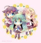  3girls :d ;d ahoge aqua_eyes black_gloves black_hair black_legwear black_serafuku blue_eyes bow braid chibi detached_sleeves fingerless_gloves gloves green_hair hair_bow hair_flaps hair_ornament hair_ribbon hairclip kantai_collection kouu_hiyoyo light_brown_hair long_hair looking_at_viewer multiple_girls one_eye_closed open_mouth parted_lips pleated_skirt red_eyes ribbon scarf school_uniform serafuku shigure_(kantai_collection) single_braid skirt smile thigh-highs yamakaze_(kantai_collection) yuudachi_(kantai_collection) zettai_ryouiki 