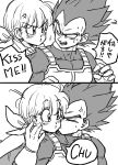 1boy 1girl annoyed armor black_eyes black_hair blush bulma cheek_kiss couple dragon_ball dragonball_z eyebrows_visible_through_hair frown gloves hands_on_another&#039;s_face hands_on_another&#039;s_shoulder kiss monochrome scarf short_hair simple_background speech_bubble spiky_hair surprised sweatdrop tears tkgsize translation_request vegeta white_background 