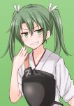  1girl anti_(untea9) commentary green_background green_eyes green_hair hair_ribbon highres japanese_clothes kantai_collection long_hair muneate ribbon short_sleeves simple_background solo twintails zuikaku_(kantai_collection) 