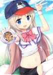  1girl :d animal_print artist_name ball baseball_cap bike_shorts blonde_hair blue_eyes blue_sky bow bowtie cape cat_print clouds copyright_name crop_top day eyebrows_visible_through_hair fang grass hat holding holding_ball little_busters!! long_hair looking_at_viewer maruma_(maruma_gic) midriff navel noumi_kudryavka open_mouth outdoors outstretched_arm red_bow red_bowtie shirt signature sitting sky smile solo stomach sunlight thigh-highs tied_shirt v white_legwear wristband 