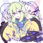  1girl \m/ beamed_quavers blue_eyes cd character_name gla green_hair hair_between_eyes headphones komeiji_koishi listening_to_music long_hair long_sleeves musical_note quaver shirt smile solo third_eye touhou upper_body wide_sleeves yellow_shirt 