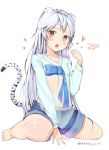  1girl animal_ears blue_ribbon blush character_request collarbone copyright_request denim denim_shorts fang heart highres hwayoung long_hair looking_at_viewer orange_eyes parted_lips ribbon shorts sitting solo tail wariza white_hair 