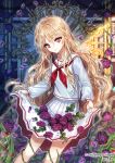  1girl blonde_hair copyright_name flower holding_skirt interitio long_hair looking_at_viewer mirror official_art petals purple_rose red_eyes rose rose_bush rose_petals school_uniform sid_story smile solo 