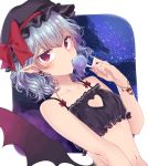  1girl artist_name asa_(coco) bat_earrings bat_wings blue_hair bow candy cinderella_bust commentary_request earrings food food_print hat hat_ribbon heart_cutout jewelry lollipop looking_at_viewer mob_cap mokokiyo_(asaddr) nail_polish navel pointy_ears red_bow red_eyes red_ribbon remilia_scarlet ribbon signature solo touhou underwear underwear_only upper_body wavy_hair wings 