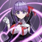  1girl artist_name bb_(fate/extra_ccc) blush bow breasts closed_mouth eyebrows_visible_through_hair fate/extra fate/extra_ccc fate_(series) gloves hair_bow hwayoung large_breasts looking_at_viewer purple_hair red_bow red_ribbon ribbon smile solo upper_body violet_eyes white_gloves 