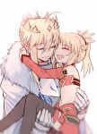  2girls ^_^ ahoge artoria_pendragon_lancer_(fate/grand_order) bandeau bangs blonde_hair blurry blush braid breastplate carrying cloak closed_eyes crown depth_of_field detached_sleeves eyebrows_visible_through_hair fang fate/apocrypha fate/grand_order fate_(series) fur_collar fur_trim gauntlets hair_between_eyes hug mother_and_daughter multiple_girls open_mouth saber saber_of_red sidelocks upper_body yorukun 