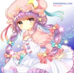  1girl bangs blue_bow blue_ribbon blunt_bangs blush bow breasts bun_cover circle_name cleavage commentary_request crescent double_bun dress frilled_capelet frilled_dress frilled_sleeves frills hair_ornament hat long_hair long_sleeves looking_at_viewer marshmallow_mille mob_cap patchouli_knowledge pink_bow pink_hat pink_ribbon purple_hair ribbon skirt_hold small_breasts solo star star_hair_ornament striped touhou twintails vertical-striped_dress vertical_stripes violet_eyes 