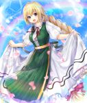  1girl :d ahoge bangs blonde_hair blue_eyes blue_sky blush braid breasts clouds commentary_request day dress eyebrows_visible_through_hair fate/apocrypha fate_(series) frilled_dress frills from_below gakuon_(gakuto) hair_ribbon happy lens_flare long_hair looking_at_viewer medium_breasts neck_ribbon open_mouth outdoors outstretched_arm petals puffy_short_sleeves puffy_sleeves rainbow red_ribbon ribbon ruler_(fate/apocrypha) short_sleeves single_braid skirt_hold sky smile solo sunlight teeth traditional_clothes very_long_hair 