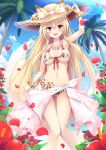  1girl :d akizora_momidi ankle_flower arm_up armpits bare_shoulders beach bikini blonde_hair blue_sky blush breasts breasts_apart clouds commentary_request day ears_through_headwear eyebrows_visible_through_hair fang flower fox_tail hand_on_headwear hat hat_flower hibiscus highres horizon knees_together_feet_apart kokutou_(kazuakifca) leaf_print lens_flare long_hair maple_leaf_print medium_breasts navel ocean open_mouth original outdoors palm_tree petals print_bikini red_eyes sand sandals sarong sky smile solo sparkle straw_hat summer sun_hat sunlight swimsuit tail thigh_gap tree very_long_hair water wrist_flower 
