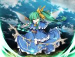  1girl adapted_costume arrow belt blue_dress blue_sky bow_(weapon) capelet clouds daiyousei dress fairy_wings green_eyes green_hair hair_ribbon in_mouth long_hair looking_at_viewer pointy_ears ribbon sasasa_(nashi) side_ponytail sky smile smirk solo touhou weapon wings 