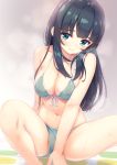  1girl bangs bikini black_hair blue_eyes blush breasts cleavage eromanga_sensei front-tie_bikini front-tie_top green_bikini halter_top halterneck highres indoors long_hair looking_at_viewer medium_breasts sitting solo swimsuit takasago_tomoe tomifumi twister wet 