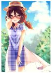  1girl blue_dress bow brown_eyes brown_hair brown_hat day dress glasses hair_bobbles hair_ornament hat hat_bow looking_at_viewer low_twintails mokokiyo_(asaddr) outdoors plaid plaid_dress red-framed_eyewear see-through semi-rimless_glasses smile solo standing summer sundress touhou twintails under-rim_glasses unmoving_pattern usami_sumireko white_bow 