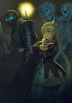  1girl bangs blonde_hair commentary_request dress fog frills glowing glowing_eyes hair_ribbon holding holding_stuffed_animal holding_sword holding_weapon long_hair luna_(shadowverse) necromancer plate_armor pointing pointing_forward ribbon shadowverse shingeki_no_bahamut skeleton smile standing stuffed_animal stuffed_toy sun sword twintails undead very_long_hair wasabi60 weapon 