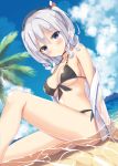  1girl beach beret bikini black_bikini breasts clouds cloudy_sky collarbone day grey_eyes hat hateno-yukimi kantai_collection kashima_(kantai_collection) large_breasts ocean partially_submerged short_hair silver_hair sky solo swimsuit two_side_up 