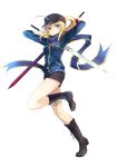  1girl absurdres ahoge arms_up bangs baseball_cap black_boots black_hat black_shorts blonde_hair blue_eyes blue_jacket blue_scarf boots closed_mouth cross-laced_footwear dual_wielding eyebrows_visible_through_hair fate/grand_order fate_(series) full_body hair_between_eyes hat heroine_x highres himitsucalibur jacket knee_boots lace-up_boots long_hair long_sleeves looking_at_viewer one_leg_raised ponytail saber scarf serious shorts sidelocks simple_background solo standing standing_on_one_leg taro_(ultrataro) track_jacket white_background 