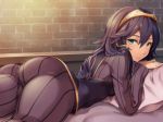  1girl bed blue_hair fire_emblem fire_emblem:_kakusei looking_at_viewer lucina lying on_stomach shinon_(tokage_shuryou) solo sweater thigh-highs tiara 