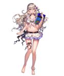  1girl anklet arm_at_side bangs barefoot bikini bikini_skirt blonde_hair book bracelet breasts cleavage corrin_(fire_emblem) corrin_(fire_emblem)_(female) feet female fire_emblem fire_emblem_heroes fire_emblem_if flower flower_necklace flower_wreath full_body hair_between_eyes hair_flower hair_ornament hairband highres holding holding_book jewelry legs long_hair looking_at_viewer midriff miniskirt official_art open_mouth parted_lips red_eyes ribbon simple_background skirt smile solo standing swimsuit thigh_ribbon toes transparent_background wavy_hair wreath 