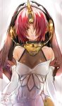  1girl bare_shoulders berserker_of_black blush breasts elbow_gloves fate/apocrypha fate_(series) gloves green_eyes hair_over_eyes highres horns isshiki_(ffmania7) looking_at_viewer parted_lips pink_hair short_hair solo veil white_gloves 