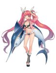  1girl bangs bikini blue_eyes breasts collarbone eyebrows_visible_through_hair feathers fish full_body hair_feathers hair_ornament holding jacket long_hair looking_at_viewer medium_breasts navel off_shoulder official_art open_clothes open_jacket open_toe_shoes pink_hair pink_jacket shoes simple_background solo standing swimsuit swordfish tenshi_mikadokuni very_long_hair white_background 