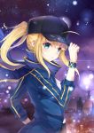  1girl :o absurdres ahoge bangs baseball_cap black_hat blonde_hair blue_eyes blue_jacket blue_scarf building clouds eyebrows_visible_through_hair fate_(series) from_side hair_between_eyes hand_on_headwear hat heroine_x highres jacket lights long_hair long_sleeves looking_at_viewer looking_to_the_side night night_sky open_clothes open_jacket ponytail purple_sky rojiura_satsuki:_chapter_heroine_sanctuary saber scarf shiny shiny_hair shirt sidelocks sky solo sparkle star_(sky) starry_sky taro_(ultrataro) track_jacket white_shirt wind wristband 