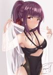  1girl 2017 bangs bare_shoulders black_bow black_choker black_leotard blunt_bangs blush bow braid breasts choker cleavage closed_mouth collarbone covered_navel dated eyebrows_visible_through_hair french_braid girls_frontline grey_background hair_ornament hair_ribbon half_updo halter_top halterneck hands_up holding holding_shirt leotard long_hair long_sleeves looking_at_viewer medium_breasts nose_blush open_clothes open_shirt ponytail purple_hair red_eyes red_ribbon ribbon see-through shirt sidelocks signature simple_background solo standing tsundere twitter_username unel1211 upper_body very_long_hair violet_eyes wa2000_(girls_frontline) white_shirt 
